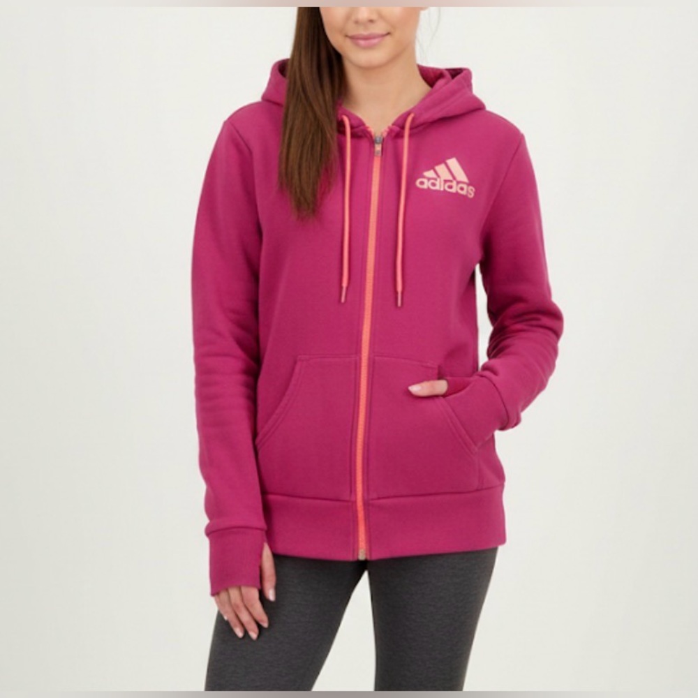 Adidas Magenta & Coral Fleece-Lined Full Zip Hoodie - Medium